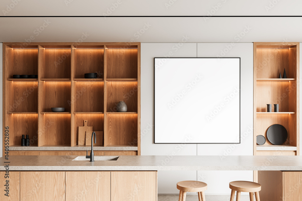 Poster minimalist kitchen interior with blank poster frame on wall above counter and stools for clean prese