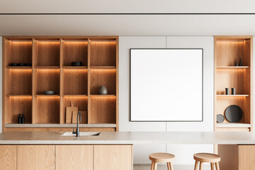 Minimalist kitchen interior with blank poster frame on wall above counter and stools for clean presentation or design layout mockup template use. 3D Rendering