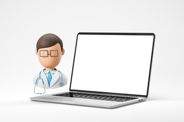 3D cartoon doctor figure with glasses and stethoscope standing beside open laptop with blank white screen on light background for medical technology concept. 3D Rendering