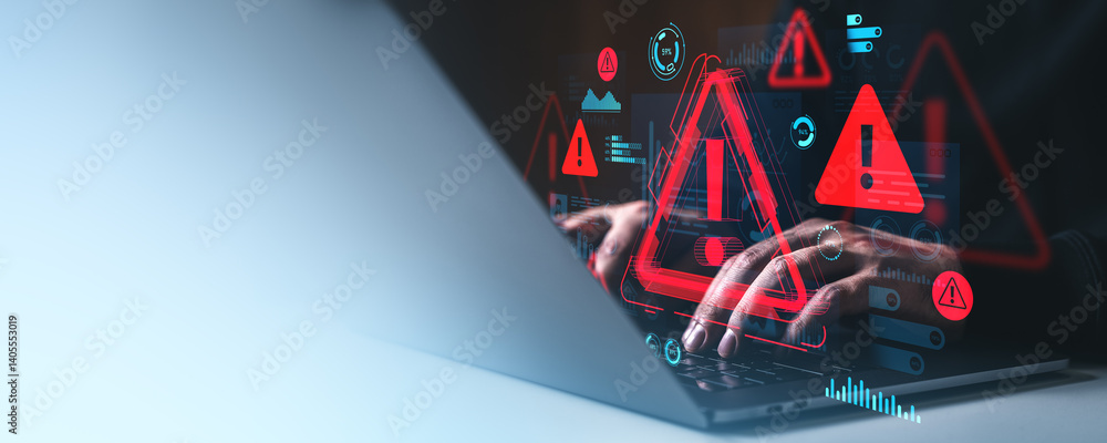 Poster cybersecurity warning concept with hacker hands on laptop and digital red alert symbols on creative 