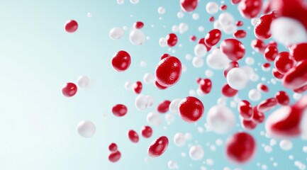 Abstract illustration of red and white spheres,  floating in a light blue background.  A dynamic, 3D representation of particles in motion