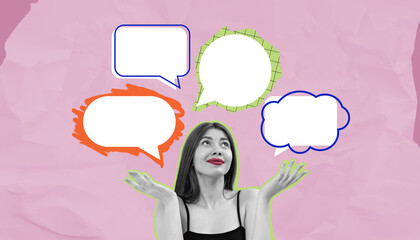 Woman thinking with colorful empty speech bubbles around her on