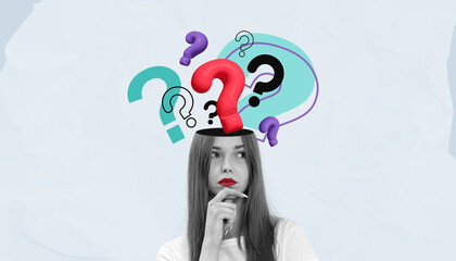 Creative collage of a thoughtful woman with colorful question ma