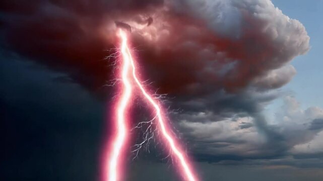 Lightning's Fiery Embrace: Capturing a dramatic moment, a vivid streak of lightning ignites the stormy sky, symbolizing nature's raw power and unpredictable beauty.