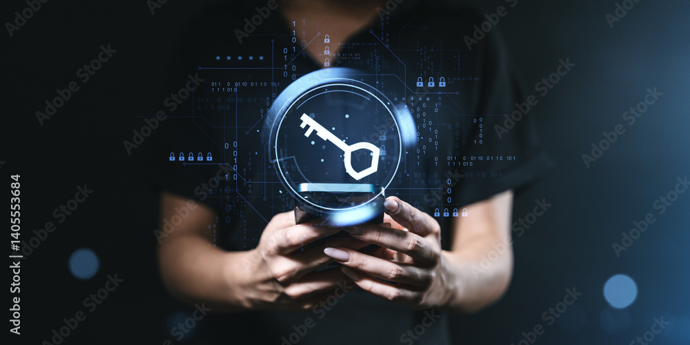 Poster digital key access concept with person holding phone and security icon overlay.