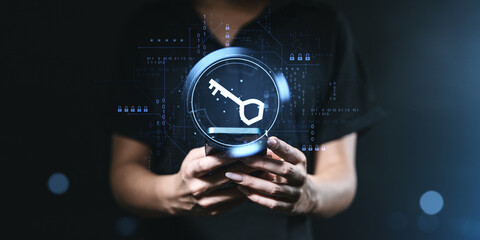 Digital key access concept with person holding phone and security icon overlay.