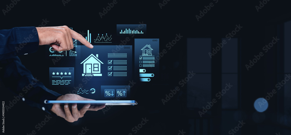 Poster man using tablet to interact with futuristic real estate data interface with glowing home icons and 