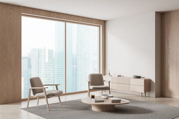 Modern living room interior with wooden furniture, large window, and blank wall space for poster or...
