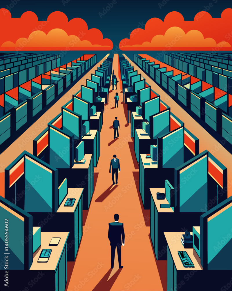 Poster the once bustling headquarters of a major company now sits desolate with rows of empty cubicles and 