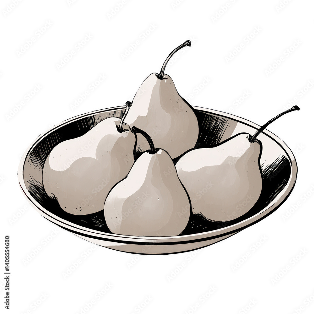 Poster a minimalist illustration of four pears arranged on a plate with a soft gradient background. the pea