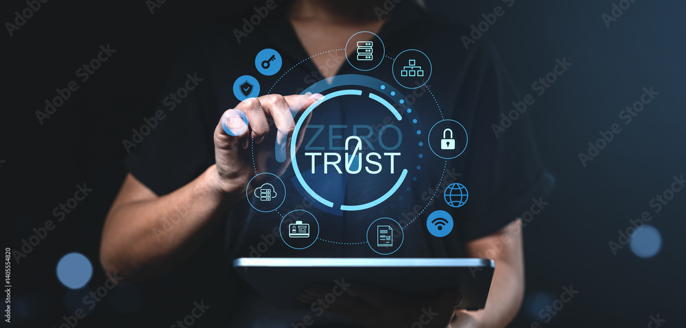 Poster cybersecurity concept with zero trust digital interface icons around a person using a tablet in a cr