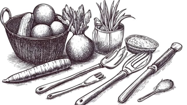 Illustration Of Harvested Vegetables And Cooking Utensils On Isolated Background