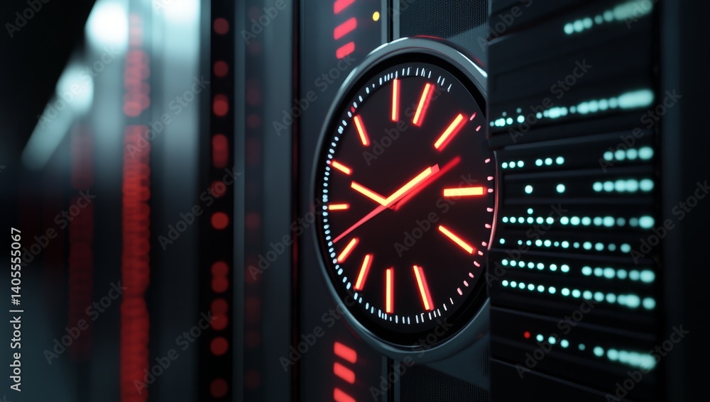 Poster server room clock displays time. modern server rack with a glowing red clock face. the digital age m