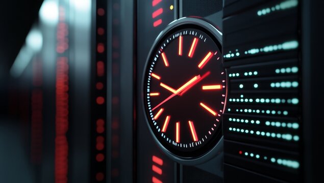Server room clock displays time.  Modern server rack with a glowing red clock face.  The digital age moving forward