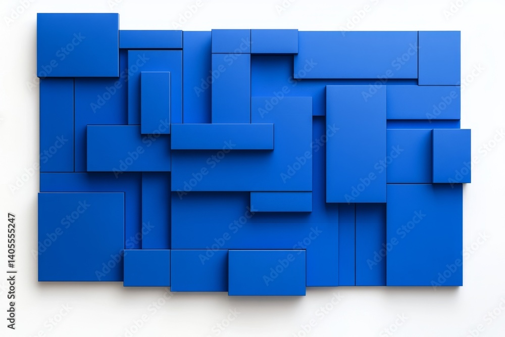Poster abstract geometric wall art. a vibrant blue arrangement of interconnected rectangular and square sha