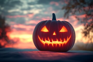 Eerie Halloween pumpkin carved to perfection against a whimsical twilight backdrop.