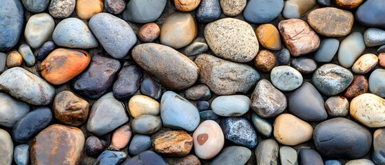 Close-up of smooth river stones in various shades of blue gray and tan.