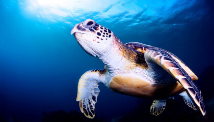 Obraz premium green sea turtle swimming, captivating scene, emphasizing the beauty of marine life, Underwater photograph of a sea turtle gracefully swimming through ocean