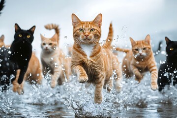 Fototapeta premium Several cats run through shallow water creating splashes with a cloudy sky.