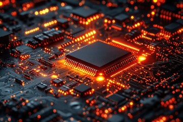 Obraz premium Close-up view of a computer circuit board with glowing components at night in a tech lab
