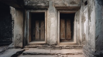 Two ancient wooden doors stand side by side, showcasing the rich textures of time-worn architecture.