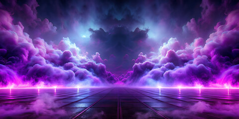 Fototapeta premium Ground purple fog background, 3d rendering. Smoke cloud scene neon light. Spooky dark magic haze. Panoramic view of the abstract fog.