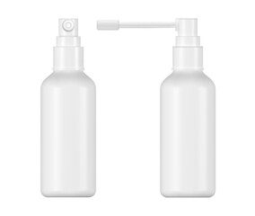 Throat spray 3d bottle with pump and nozzle, nasal container mockup, blank packaging template for cosmetic, medical dispenser, or cleaning solution on white background.