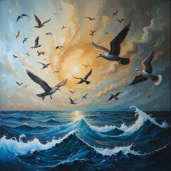 AI-generated painting of birds flying over the sea