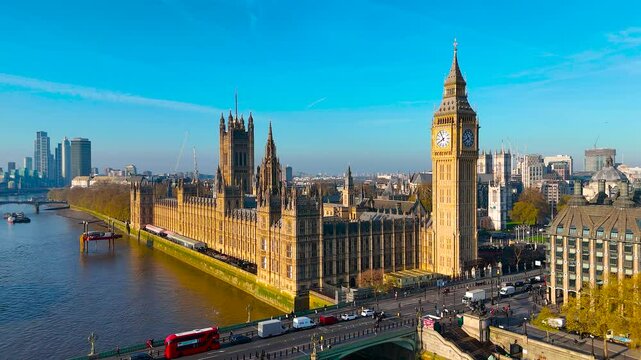 Aerial view of the Palace of Westminster in London, England, UK, on a clear day. Iconic UK landmark ideal for travel, tourism, architecture, and cultural-themed commercial use