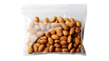 A clear plastic bag filled with almonds on a white background viewed from a high angle shot