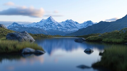 Fototapeta premium Serene Mountain Lake Reflection: A Breathtaking Panorama of Majestic Peaks and Tranquil Waters