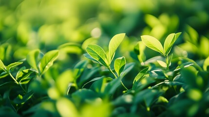 Close-up of green leaves with sunlight creating a bright and natural background.