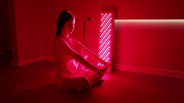 Young white woman sitting cross-legged on a mat, stretching her arms in front of a red light therapy panel while wearing headphones at home