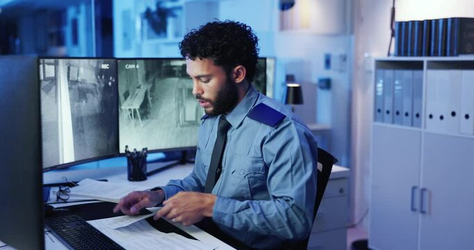 Paper, security guard or man with cctv on computer screen in night or late shift for safety or video surveillance. Camera footage, digital monitor and person with PC in control room for protection