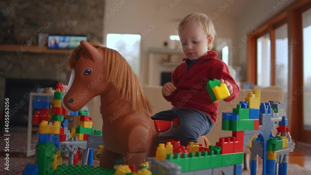 Poster toddler boy enjoys playtime with building blocks on rocking horse generative ai