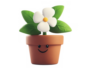 Cute 3D illustration of a flower pot with a smiling face and a white blossom. Ideal for nature-themed designs, decor, or cartoon art. Isolated with transparent background