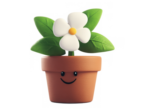 Cute 3D illustration of a flower pot with a smiling face and a white blossom. Ideal for nature-themed designs, decor, or cartoon art. Isolated with transparent background
