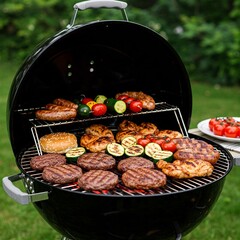 A close-up, high-resolution photograph capturing the essence of a classic charcoal barbecue. The image showcases a black kettle grill filled with an assortment of grilled meats and vegetables, includi