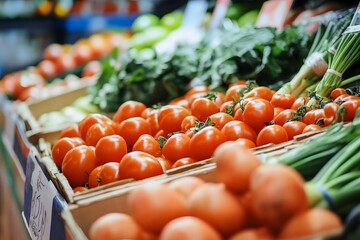 Fresh vegetables and tomatoes displayed in a grocery store produce section.