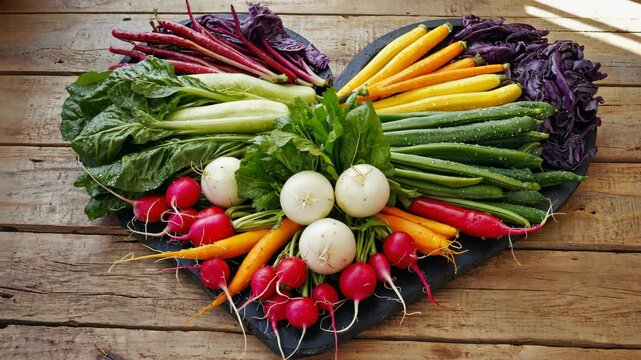 Fresh colorful assortment of vegetables arranged in heart shape on a rustic wooden background perfect for healthy living campaign.