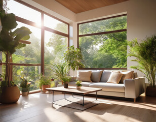 Fototapeta premium sunlit room integrating a comfy sofa coffee table and wide windows offering an open view with lush plants providing an atmosphere of serenity and elegance