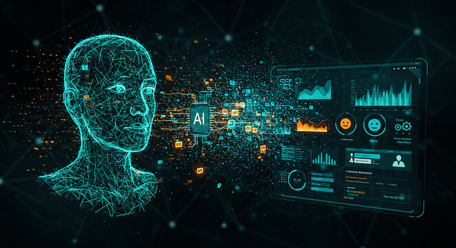 A digital human head connected to an ai chip and a dashboard with various data visualizations shown