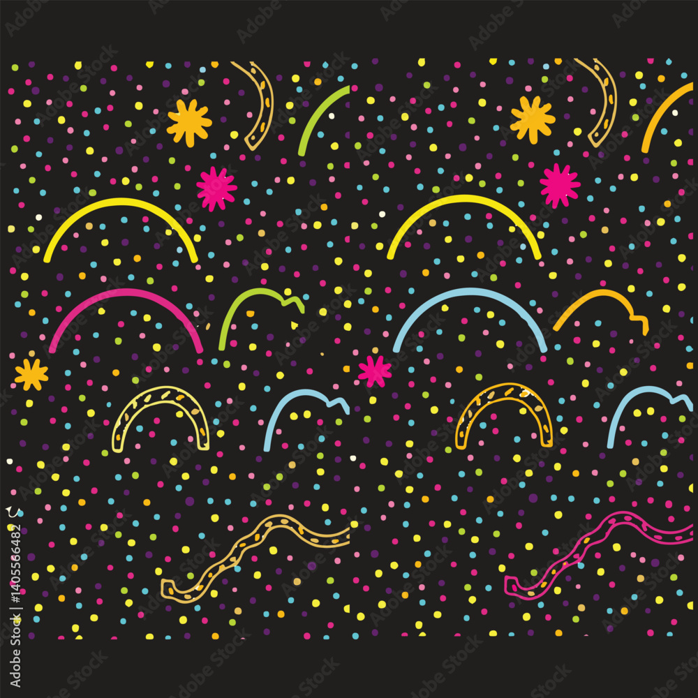 Poster set of abstract seamless colorful pattern of wavy multicolored lines and confetti on a light backgro