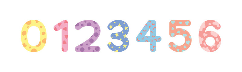 Playful set of numbers from zero to six decorated with childish textures