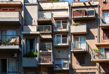 Fototapeta premium Concrete balconies, varied sizes, sunlit, shadows, pattern, shadow