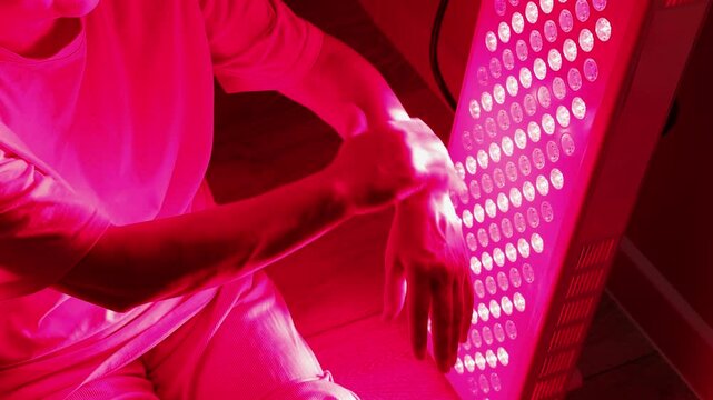 Slow motion of senior white woman applying red light therapy to her arm using a vertical LED panel while seated on the floor at home