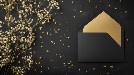 black envelop with golden letter against dark background, particles, leaves