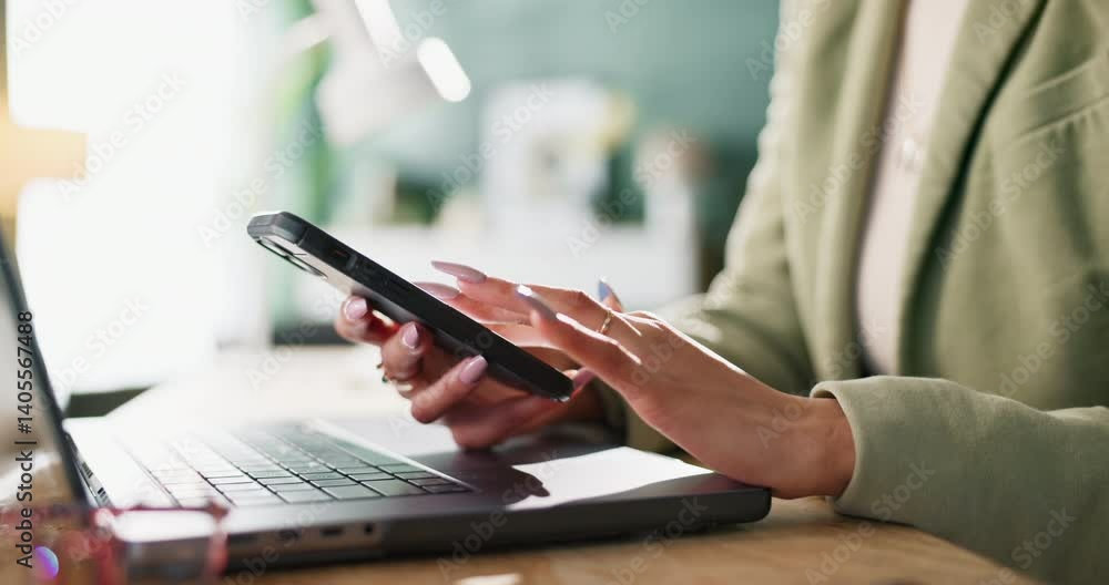 Poster hands, browsing and person with mobile at desk for communication, networking or social media in offi