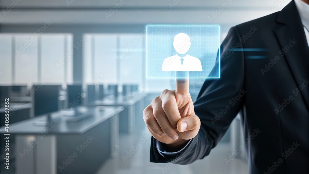 Poster a business professional interacts with a digital interface, highlighting a user profile in a modern 