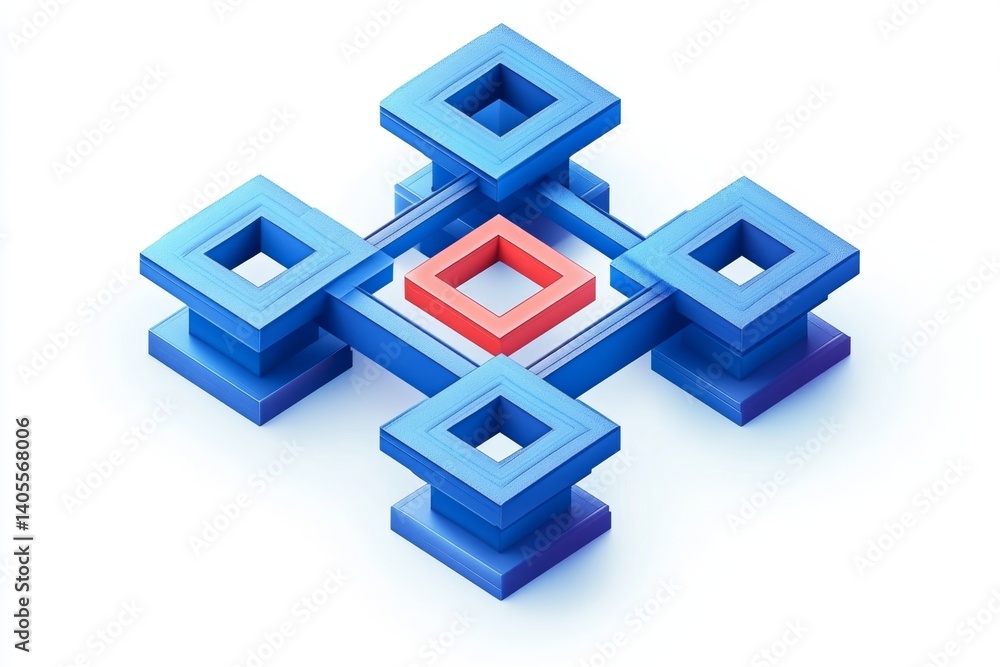 Poster interconnected, modular, network design. a complex system of blue squares interlocking around a cent